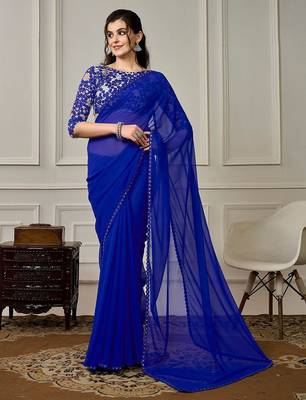 Blue sequin embellished border saree with unstitched blouse 2