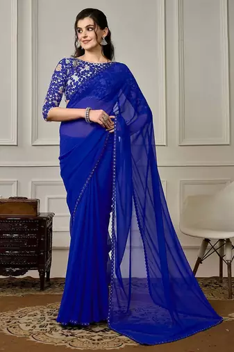 Blue sequin embellished border saree with unstitched blouse