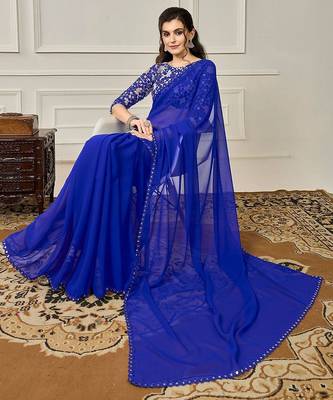 Blue sequin embellished border saree with unstitched blouse 3