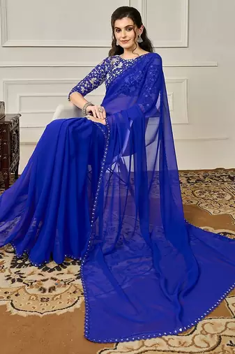 Blue sequin embellished border saree with unstitched blouse