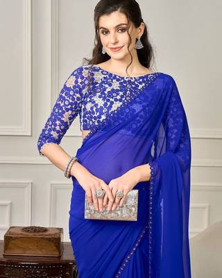 Blue sequin embellished border saree with unstitched blouse 4