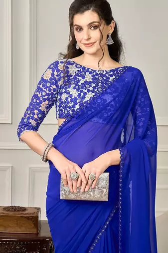 Blue sequin embellished border saree with unstitched blouse
