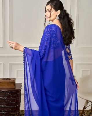 Blue sequin embellished border saree with unstitched blouse 5