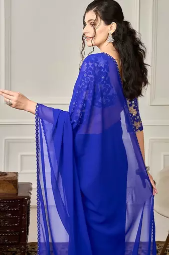 Blue sequin embellished border saree with unstitched blouse