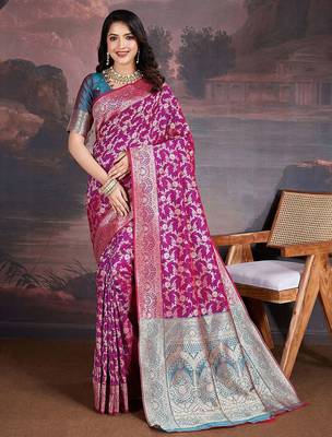 Magenta woven design zari saree with blouse piece 1