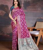 Magenta woven design zari saree with blouse piece