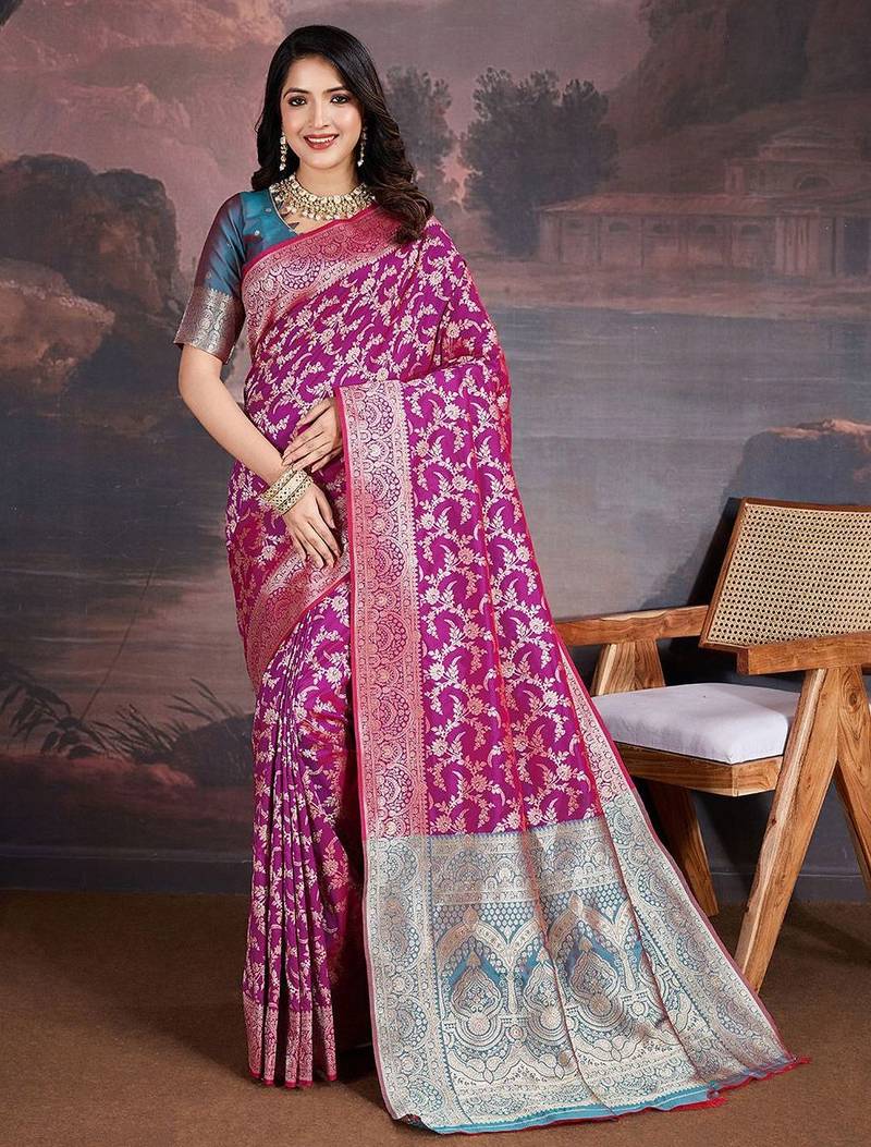 Magenta woven design zari saree with blouse piece