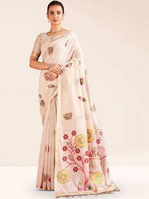 Cream woven design chanderi sarees with blouse piece 1