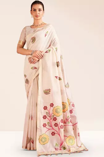 Cream woven design chanderi sarees with blouse piece