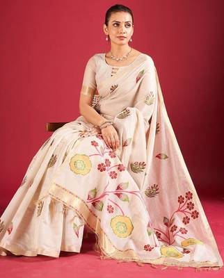 Cream woven design chanderi sarees with blouse piece 2