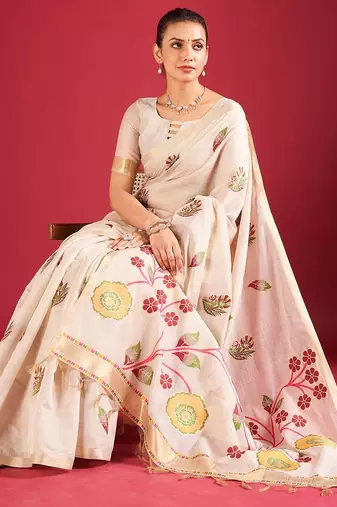 Cream woven design chanderi sarees with blouse piece