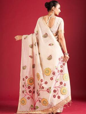Cream woven design chanderi sarees with blouse piece 3