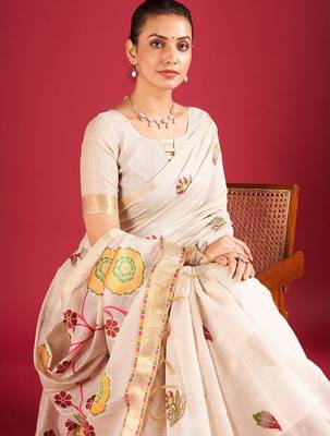 Cream woven design chanderi sarees with blouse piece 4