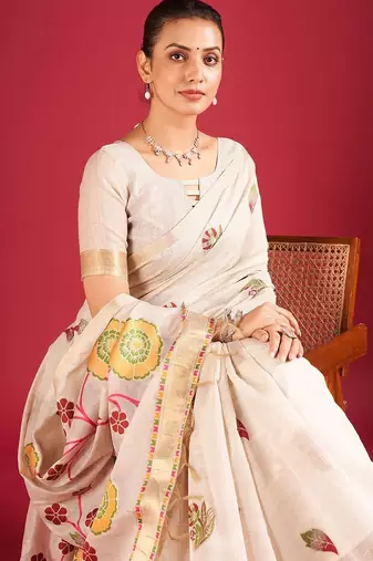 Cream woven design chanderi sarees with blouse piece
