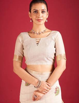 Cream woven design chanderi sarees with blouse piece 5