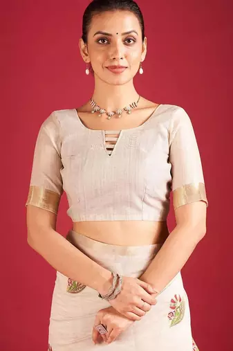 Cream woven design chanderi sarees with blouse piece