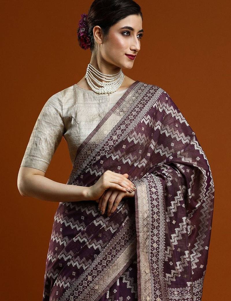 Purple woven design chanderi sarees with blouse piece