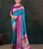 Turquoise teal blue silk blend women gold woven butta zari border sarees
