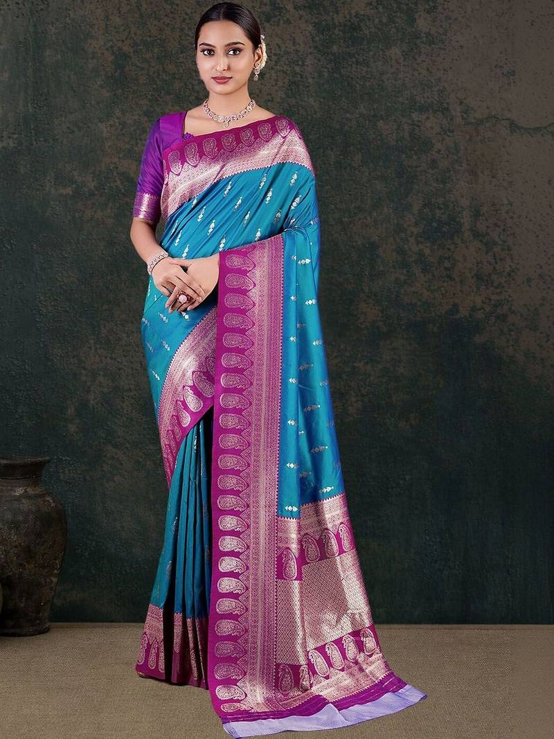 Turquoise teal blue silk blend women gold woven butta zari border sarees