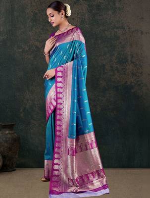 Turquoise teal blue silk blend women gold woven butta zari border sarees 3