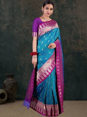 Turquoise teal blue silk blend women gold woven butta zari border sarees 4
