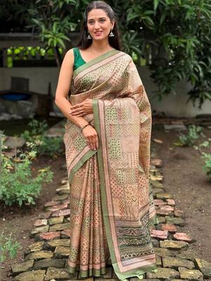 Olive tussar silk pista sarees 3