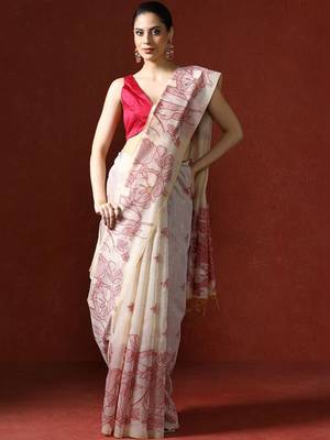 Cream woven design chanderi sarees with blouse piece 1