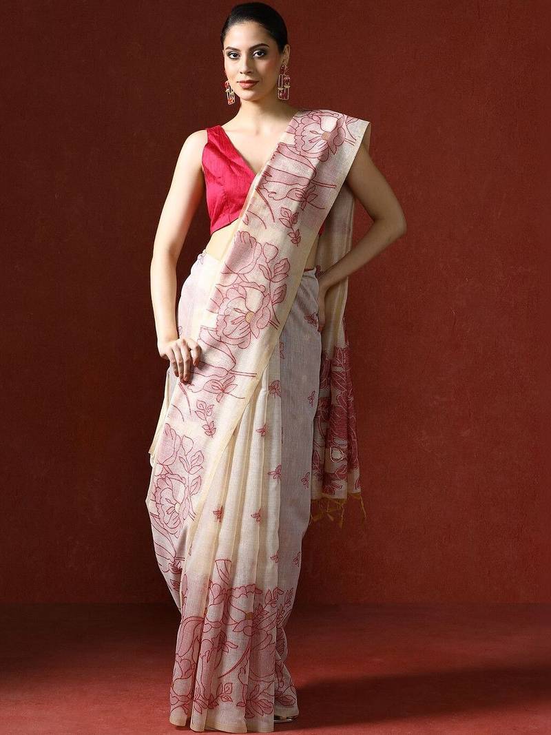 Cream woven design chanderi sarees with blouse piece