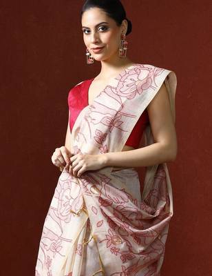 Cream woven design chanderi sarees with blouse piece 2