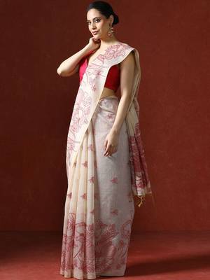 Cream woven design chanderi sarees with blouse piece 3