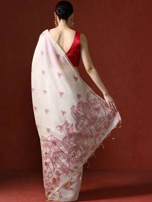 Cream woven design chanderi sarees with blouse piece 4