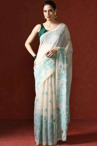 Cream woven design chanderi sarees with blouse piece