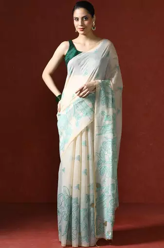 Cream woven design chanderi sarees with blouse piece