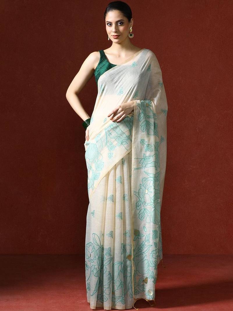 Cream woven design chanderi sarees with blouse piece