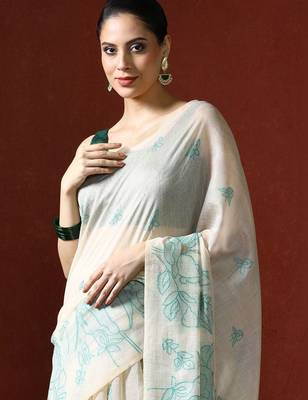Cream woven design chanderi sarees with blouse piece 2