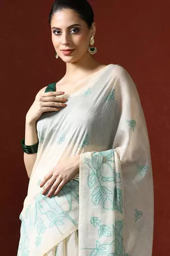 Cream woven design chanderi sarees with blouse piece