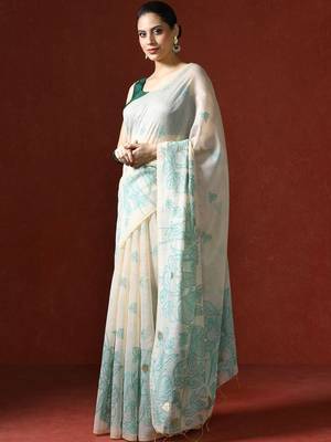 Cream woven design chanderi sarees with blouse piece 3