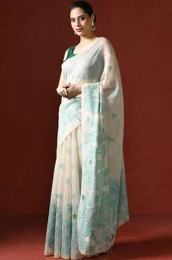 Cream woven design chanderi sarees with blouse piece