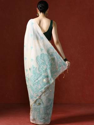 Cream woven design chanderi sarees with blouse piece 4