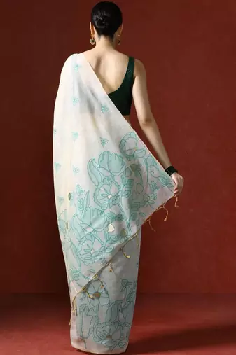 Cream woven design chanderi sarees with blouse piece