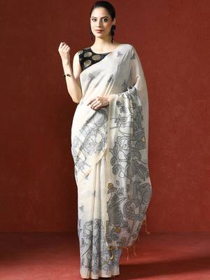 Cream woven design chanderi sarees with blouse piece 1