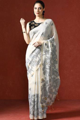 Cream woven design chanderi sarees with blouse piece