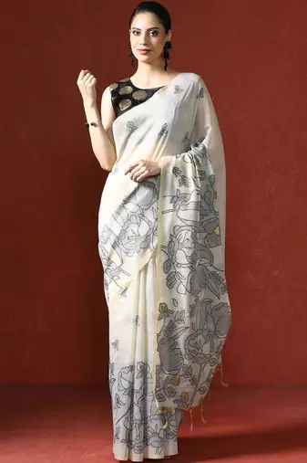 Cream woven design chanderi sarees with blouse piece