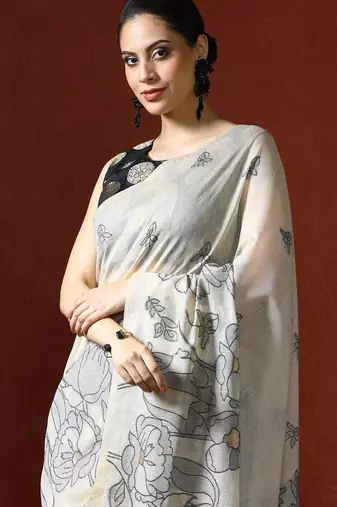 Cream woven design chanderi sarees with blouse piece