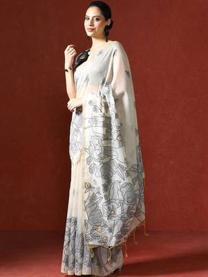 Cream woven design chanderi sarees with blouse piece 3