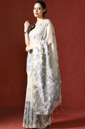 Cream woven design chanderi sarees with blouse piece