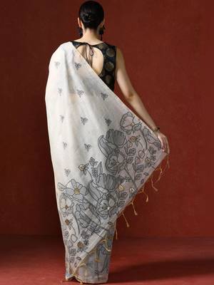 Cream woven design chanderi sarees with blouse piece 4