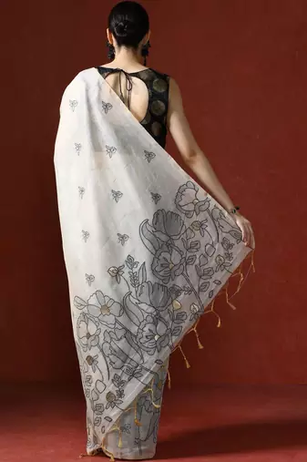 Cream woven design chanderi sarees with blouse piece