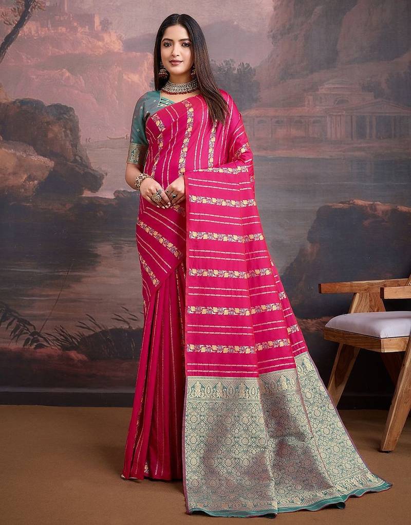 Pink woven design banarasi saree with blouse piece