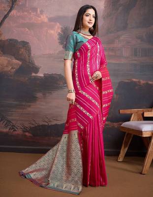 Pink woven design banarasi saree with blouse piece 2